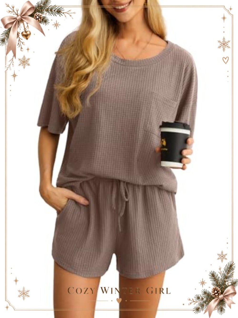 Waffle Knit Pajama Set Short Sleeve Crew Neck Top & Shorts Lounge Sleepwear